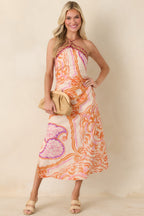 Women's Aylaya Orange Multi Ornate Medallion Print Halter Neck Midi Dress | 25% Linen & 75% Viscose 3
