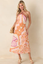Women's Aylaya Orange Multi Ornate Medallion Print Halter Neck Midi Dress | 25% Linen & 75% Viscose 5