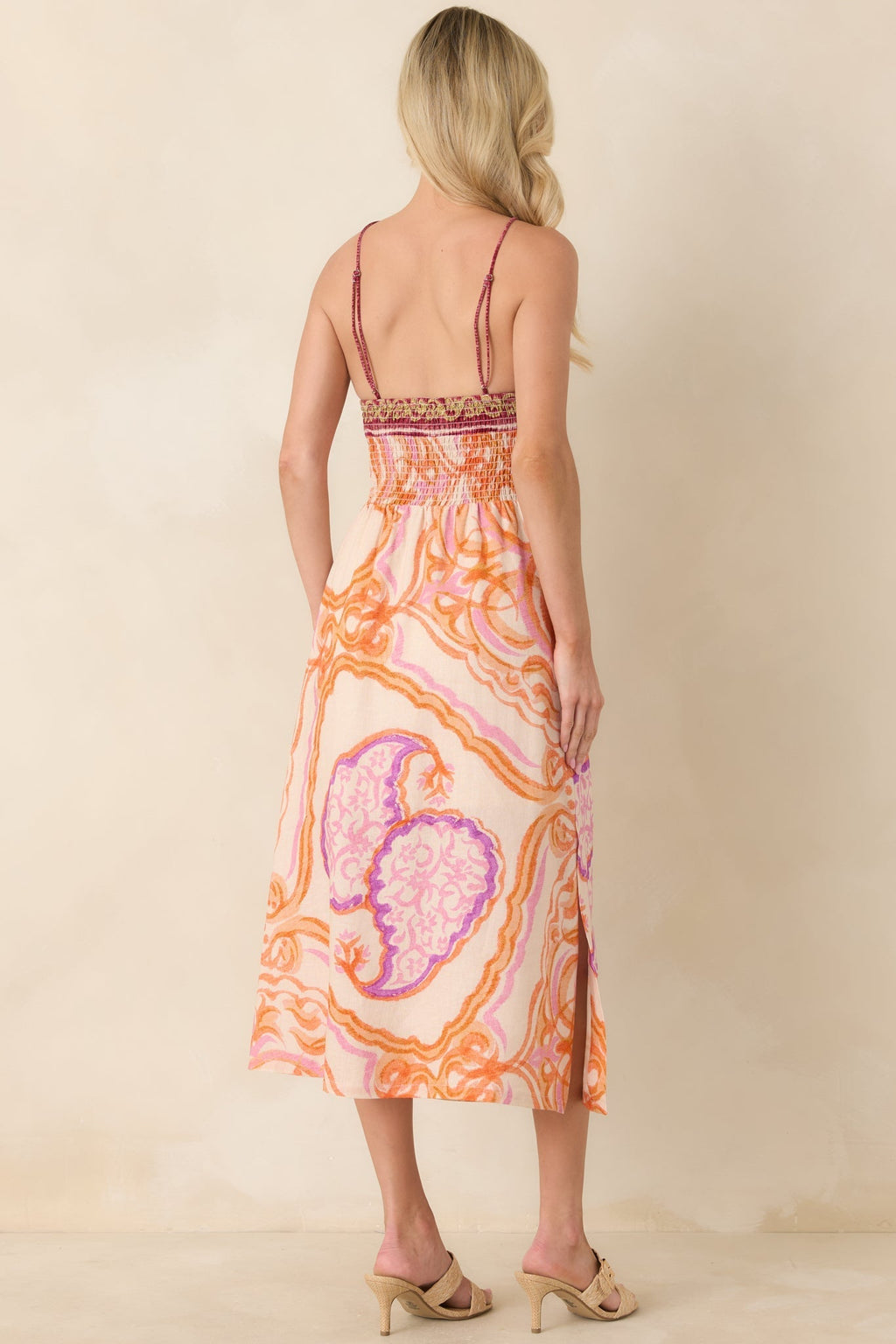 Women's Aylaya Orange Multi Ornate Medallion Print Halter Neck Midi Dress | 25% Linen & 75% Viscose 7