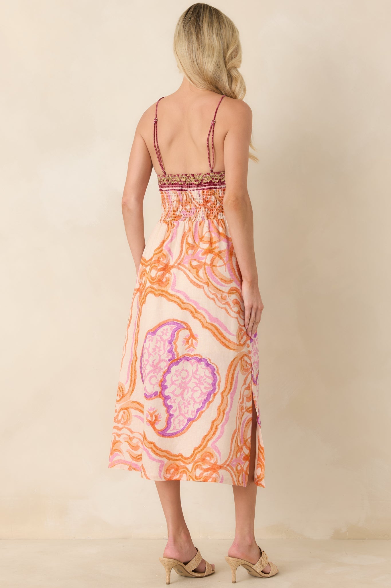 Women's Aylaya Orange Multi Ornate Medallion Print Halter Neck Midi Dress | 25% Linen & 75% Viscose 7