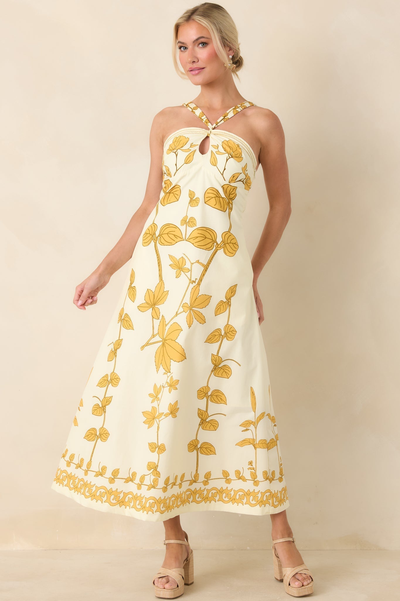 Women's Aylaya Zoey Ivory & Honey Gold Floral Cotton Halter Neck Maxi Dress | 100% Cotton 2