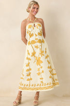 Women's Aylaya Zoey Ivory & Honey Gold Floral Cotton Halter Neck Maxi Dress | 100% Cotton 3