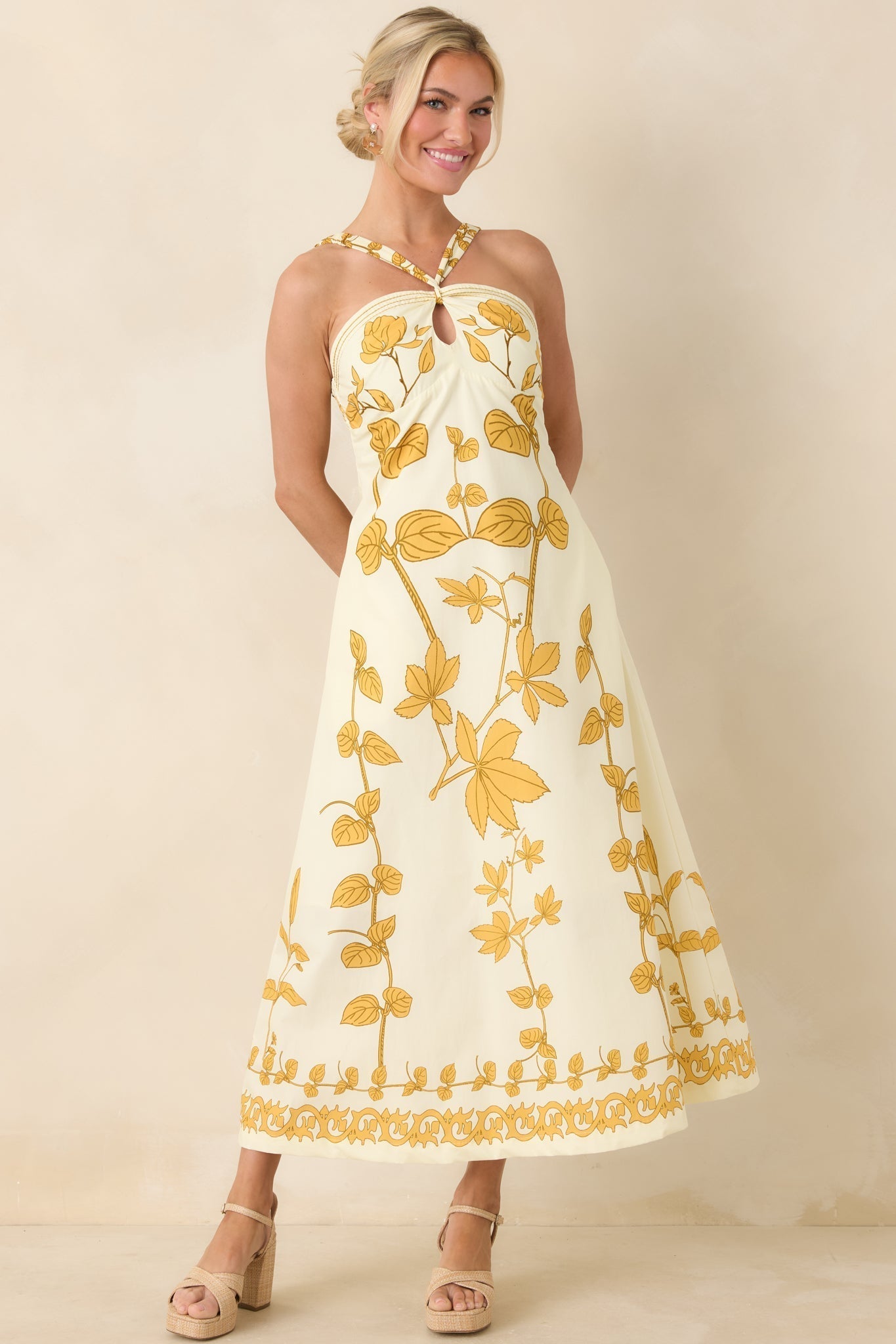 Women's Aylaya Zoey Ivory & Honey Gold Floral Cotton Halter Neck Maxi Dress | 100% Cotton 3