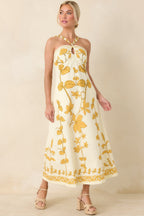 Women's Aylaya Zoey Ivory & Honey Gold Floral Cotton Halter Neck Maxi Dress | 100% Cotton 4