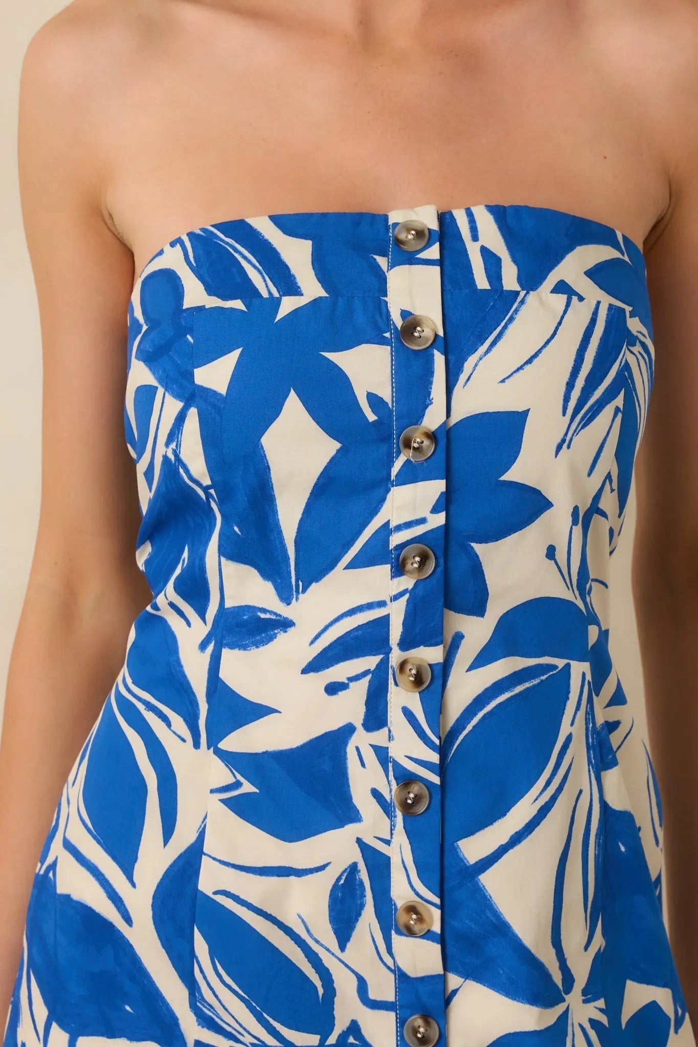 Women's Azure Botanica Blue & Ivory Floral Print Cotton Strapless Mini Dress | 100% Cotton 2