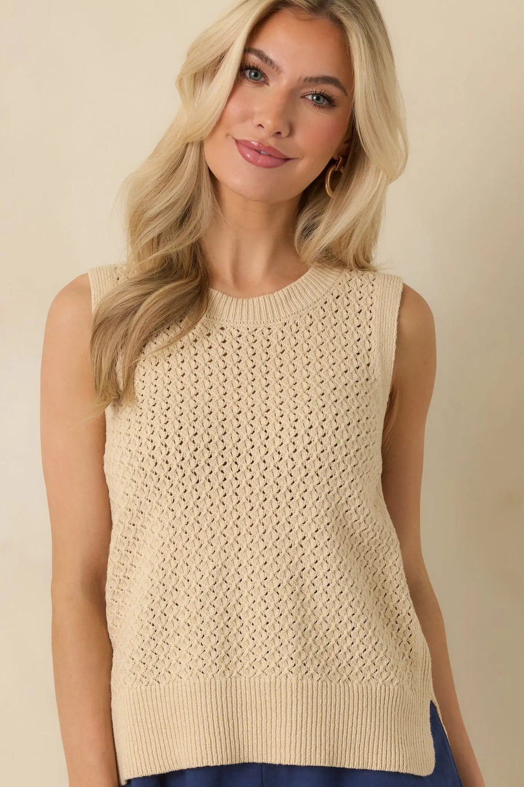 Women's Better Than Ever Beige Knit Sleeveless Top | 60% Cotton & 40% Acrylic 1