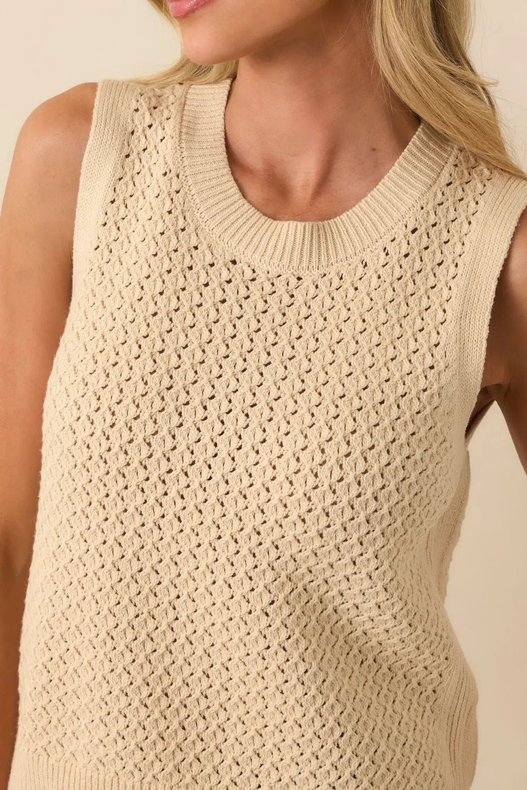 Women's Better Than Ever Beige Knit Sleeveless Top | 60% Cotton & 40% Acrylic 3