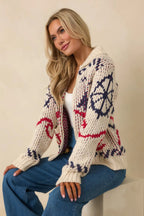 Women's Between Tides Ivory Multi Knit Nautical Zip Up Collared Sweater Jacket | 100% Acrylic 0