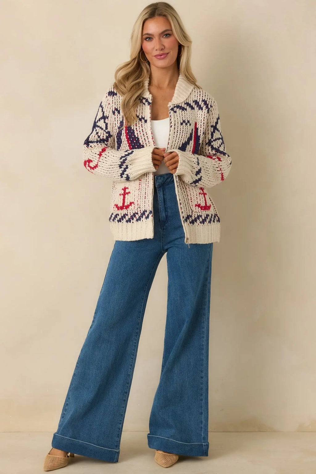 Women's Between Tides Ivory Multi Knit Nautical Zip Up Collared Sweater Jacket | 100% Acrylic 1