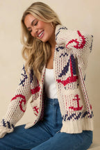 Women's Between Tides Ivory Multi Knit Nautical Zip Up Collared Sweater Jacket | 100% Acrylic 2