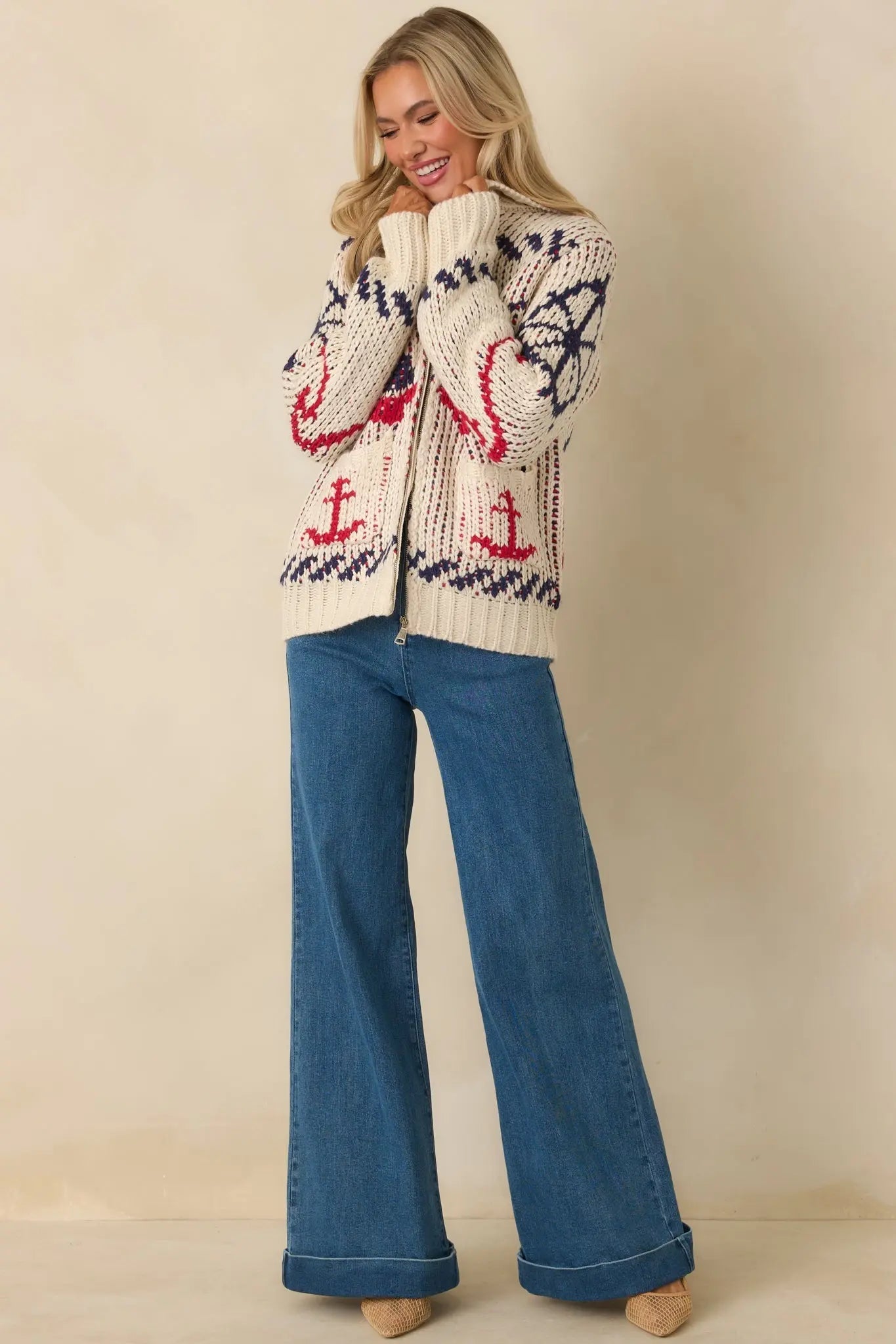 Women's Between Tides Ivory Multi Knit Nautical Zip Up Collared Sweater Jacket | 100% Acrylic 3