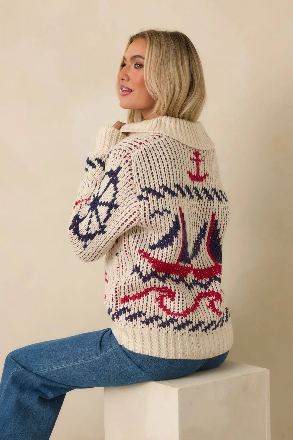 Women's Between Tides Ivory Multi Knit Nautical Zip Up Collared Sweater Jacket | 100% Acrylic 4
