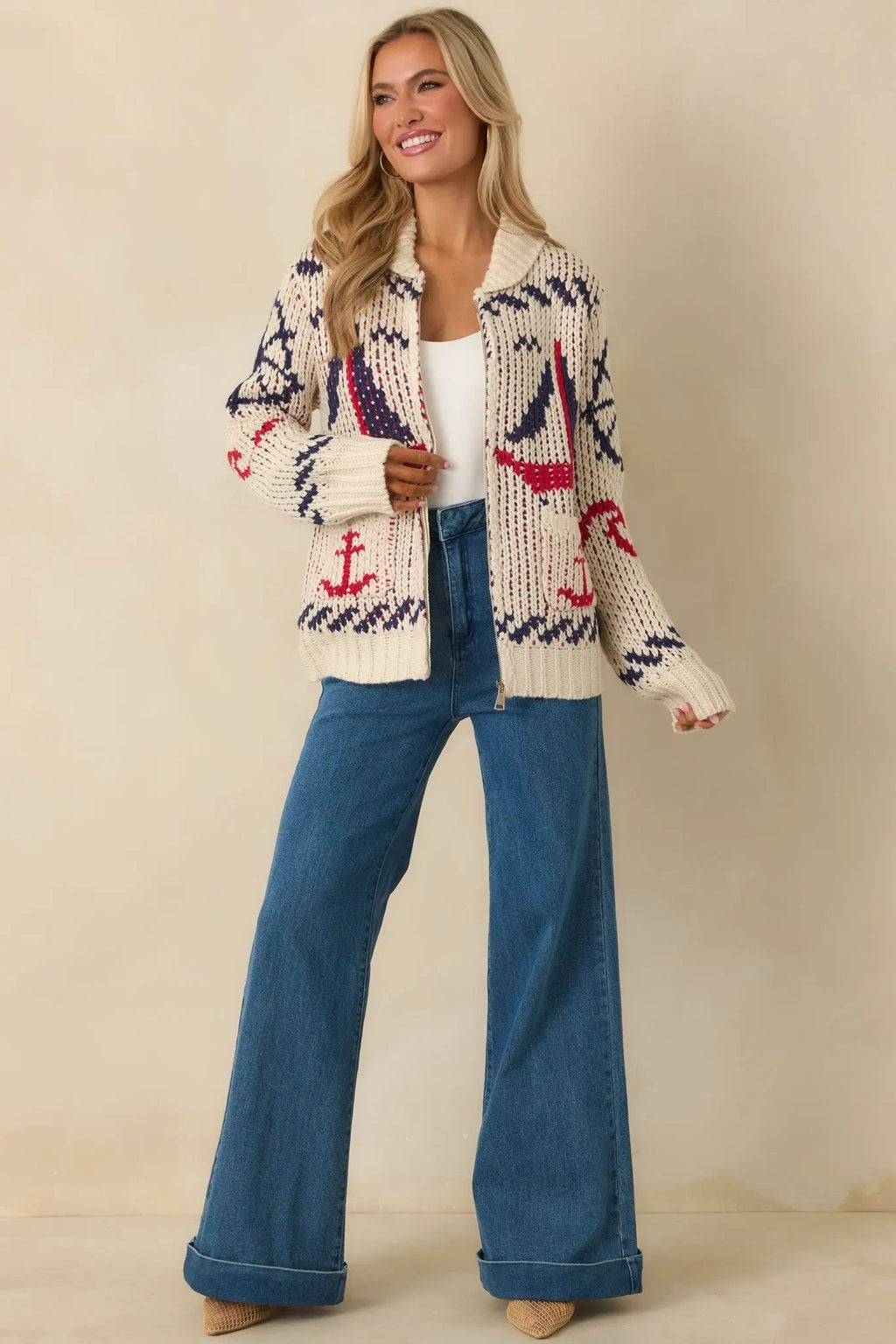 Women's Between Tides Ivory Multi Knit Nautical Zip Up Collared Sweater Jacket | 100% Acrylic 5