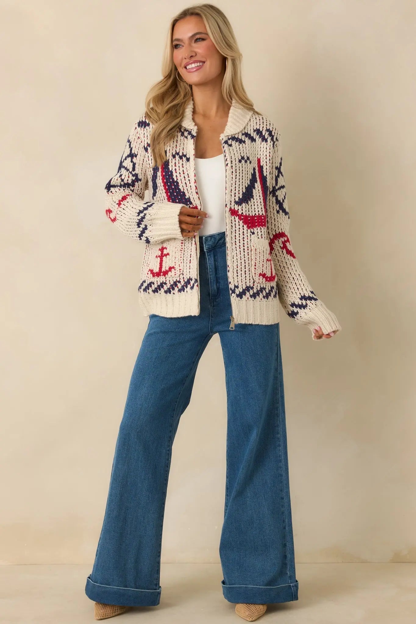 Women's Between Tides Ivory Multi Knit Nautical Zip Up Collared Sweater Jacket | 100% Acrylic 5