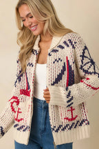 Women's Between Tides Ivory Multi Knit Nautical Zip Up Collared Sweater Jacket | 100% Acrylic 6