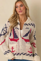Women's Between Tides Ivory Multi Knit Nautical Zip Up Collared Sweater Jacket | 100% Acrylic 7