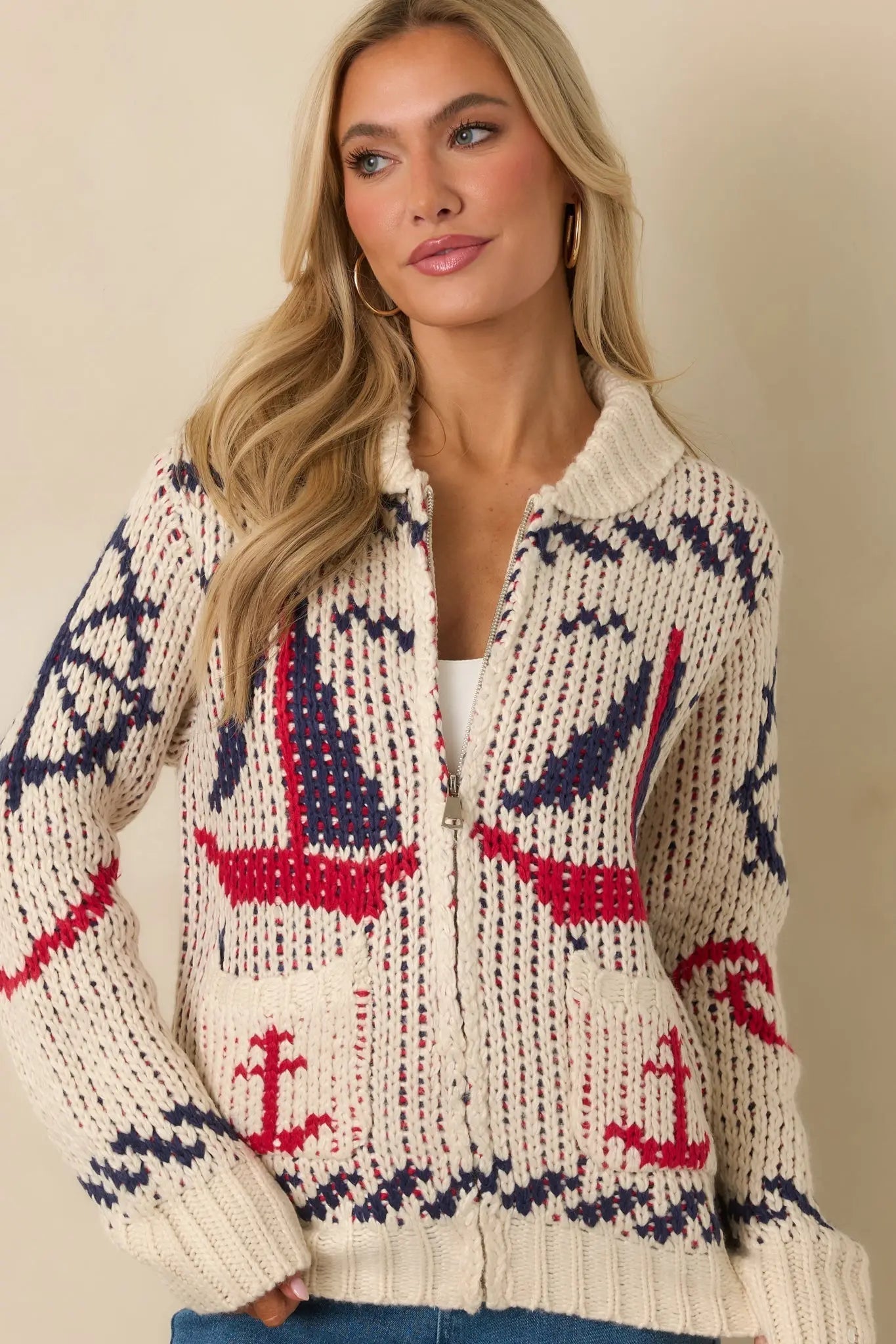 Women's Between Tides Ivory Multi Knit Nautical Zip Up Collared Sweater Jacket | 100% Acrylic 7