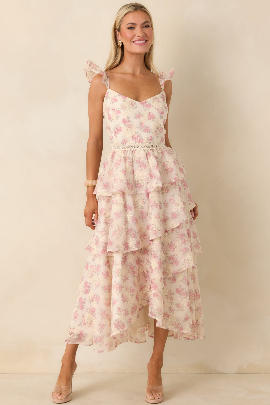Women's Blissful Garden Light Pink Floral Flutter Sleeve Maxi Dress | 100% Polyester 0