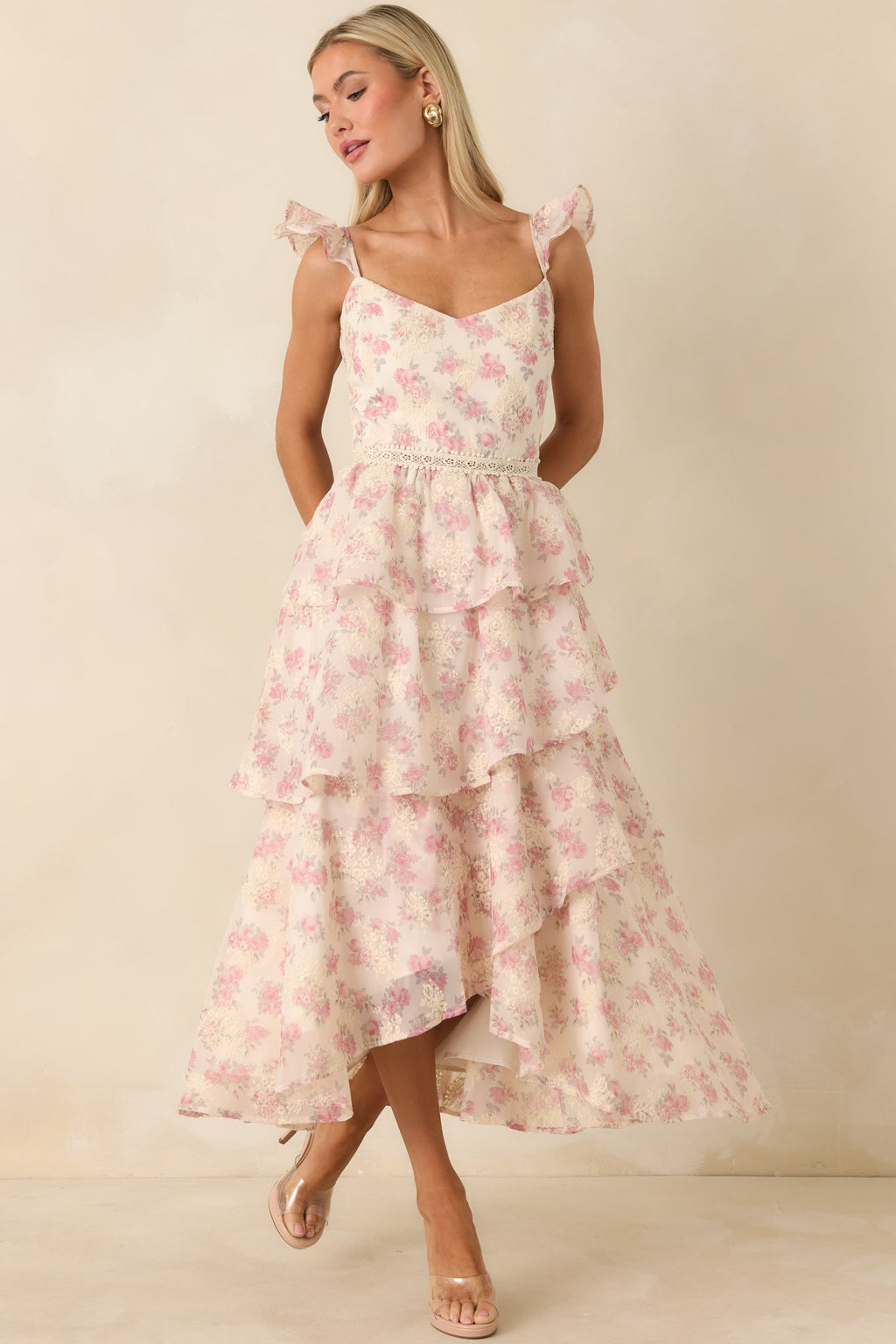 Women's Blissful Garden Light Pink Floral Flutter Sleeve Maxi Dress | 100% Polyester 1
