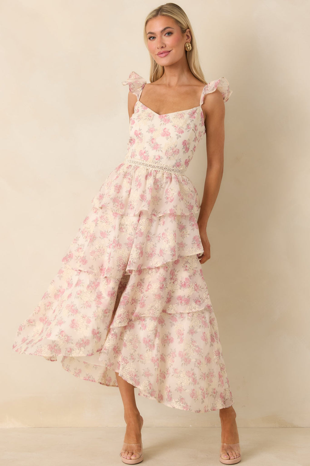 Women's Blissful Garden Light Pink Floral Flutter Sleeve Maxi Dress | 100% Polyester 3