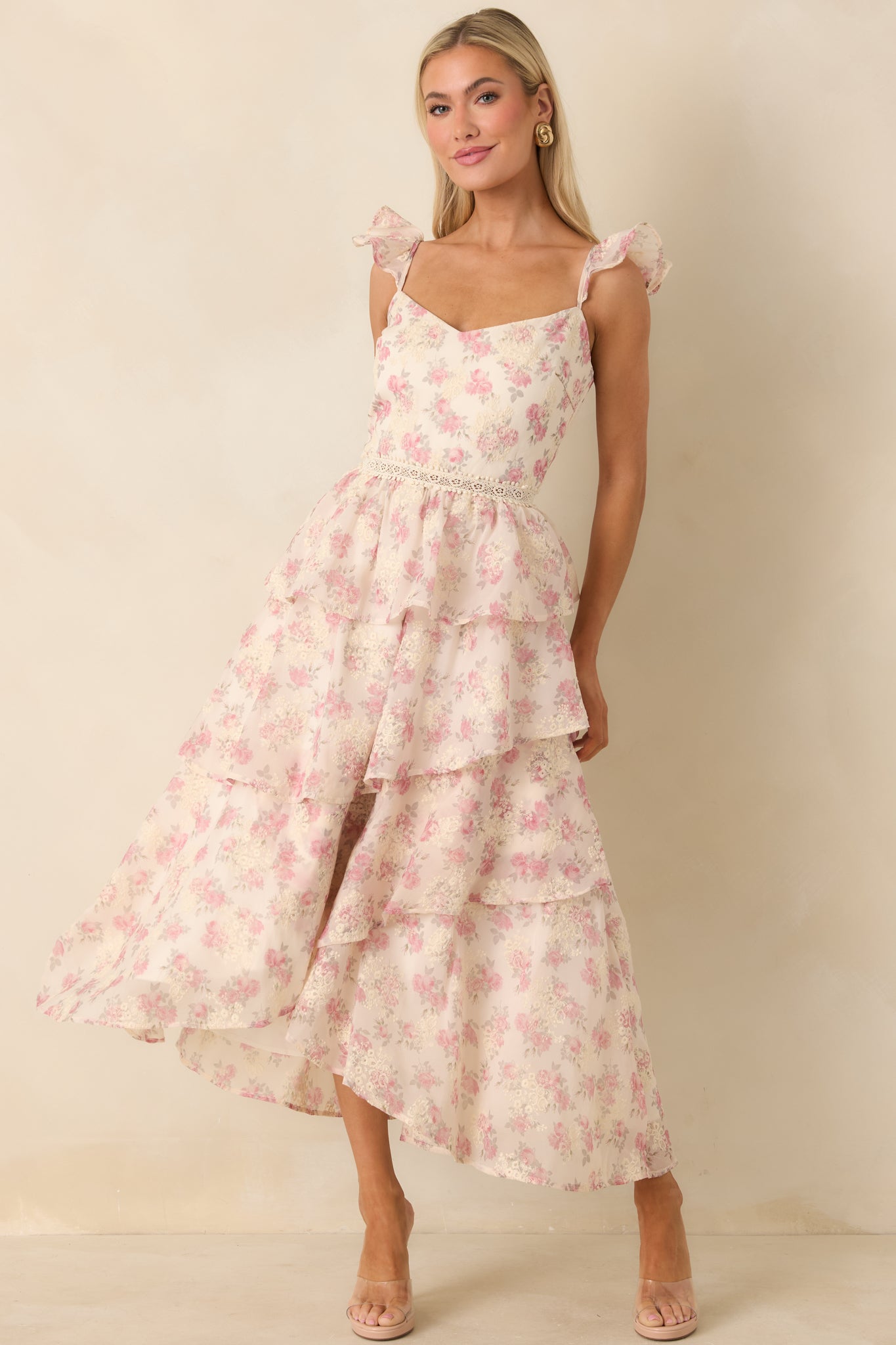 Women's Blissful Garden Light Pink Floral Flutter Sleeve Maxi Dress | 100% Polyester 3
