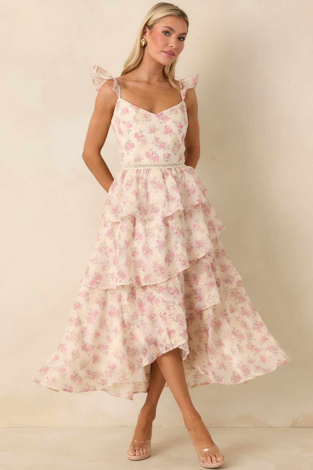 Women's Blissful Garden Light Pink Floral Flutter Sleeve Maxi Dress | 100% Polyester 5