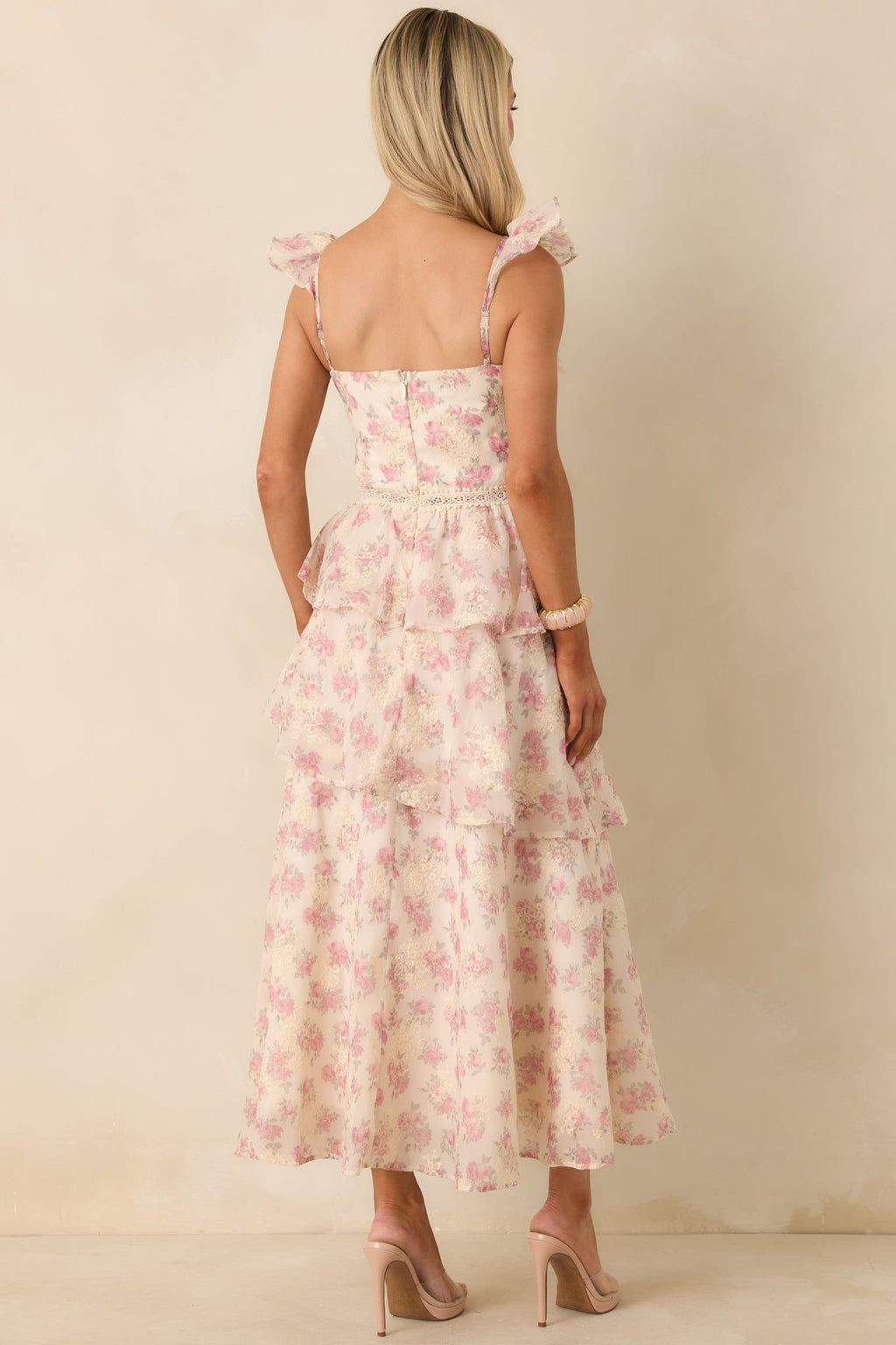 Women's Blissful Garden Light Pink Floral Flutter Sleeve Maxi Dress | 100% Polyester 6