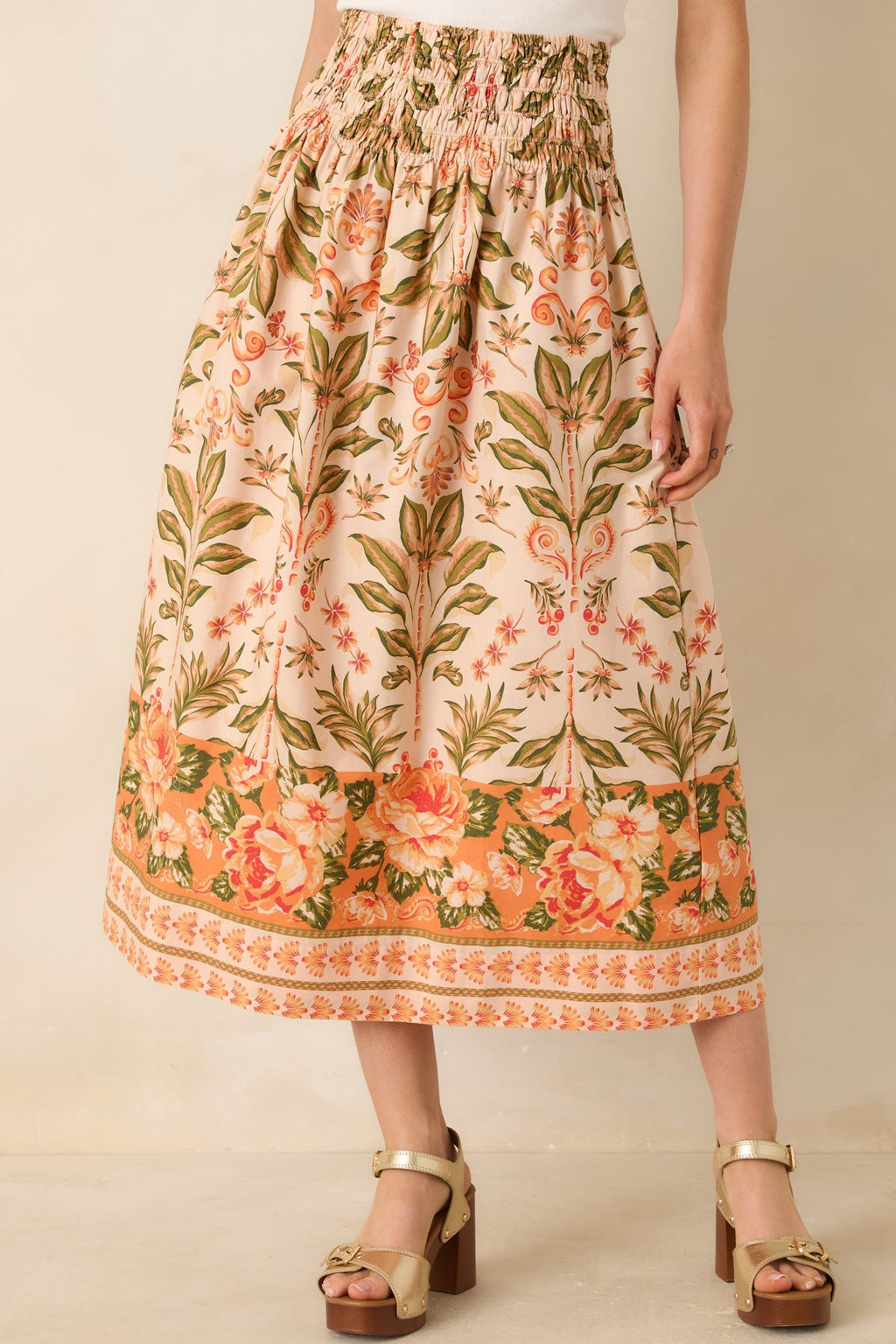 Women's Bloom With Me Peach & Meadow Green Floral Cotton Midi Skirt | 100% Cotton 0