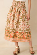 Women's Bloom With Me Peach & Meadow Green Floral Cotton Midi Skirt | 100% Cotton 0