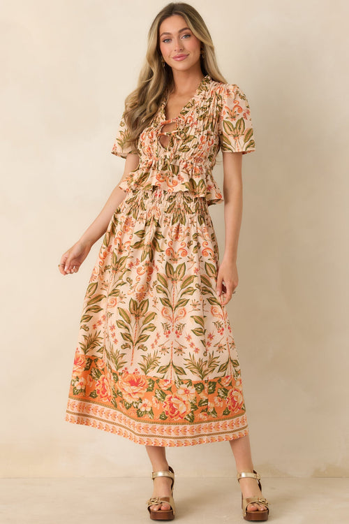 Women's Bloom With Me Peach & Meadow Green Floral Cotton Midi Skirt | 100% Cotton 1