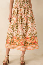 Women's Bloom With Me Peach & Meadow Green Floral Cotton Midi Skirt | 100% Cotton 2