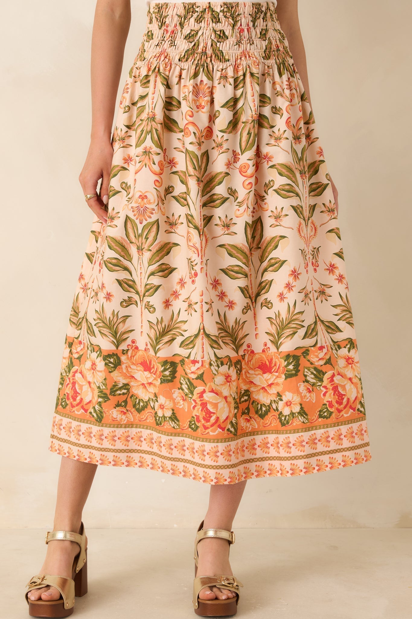 Women's Bloom With Me Peach & Meadow Green Floral Cotton Midi Skirt | 100% Cotton 2
