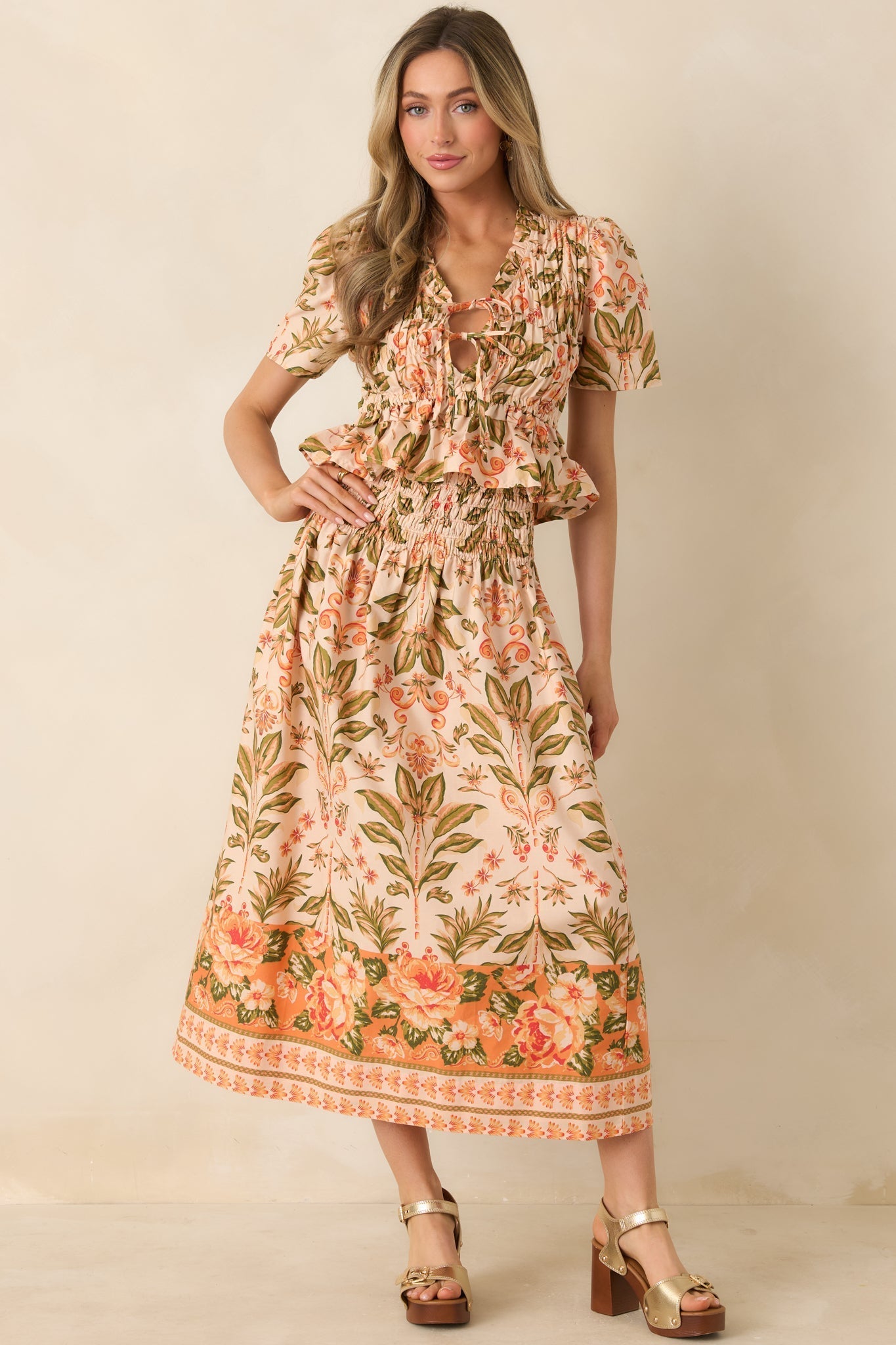 Women's Bloom With Me Peach & Meadow Green Floral Cotton Midi Skirt | 100% Cotton 4