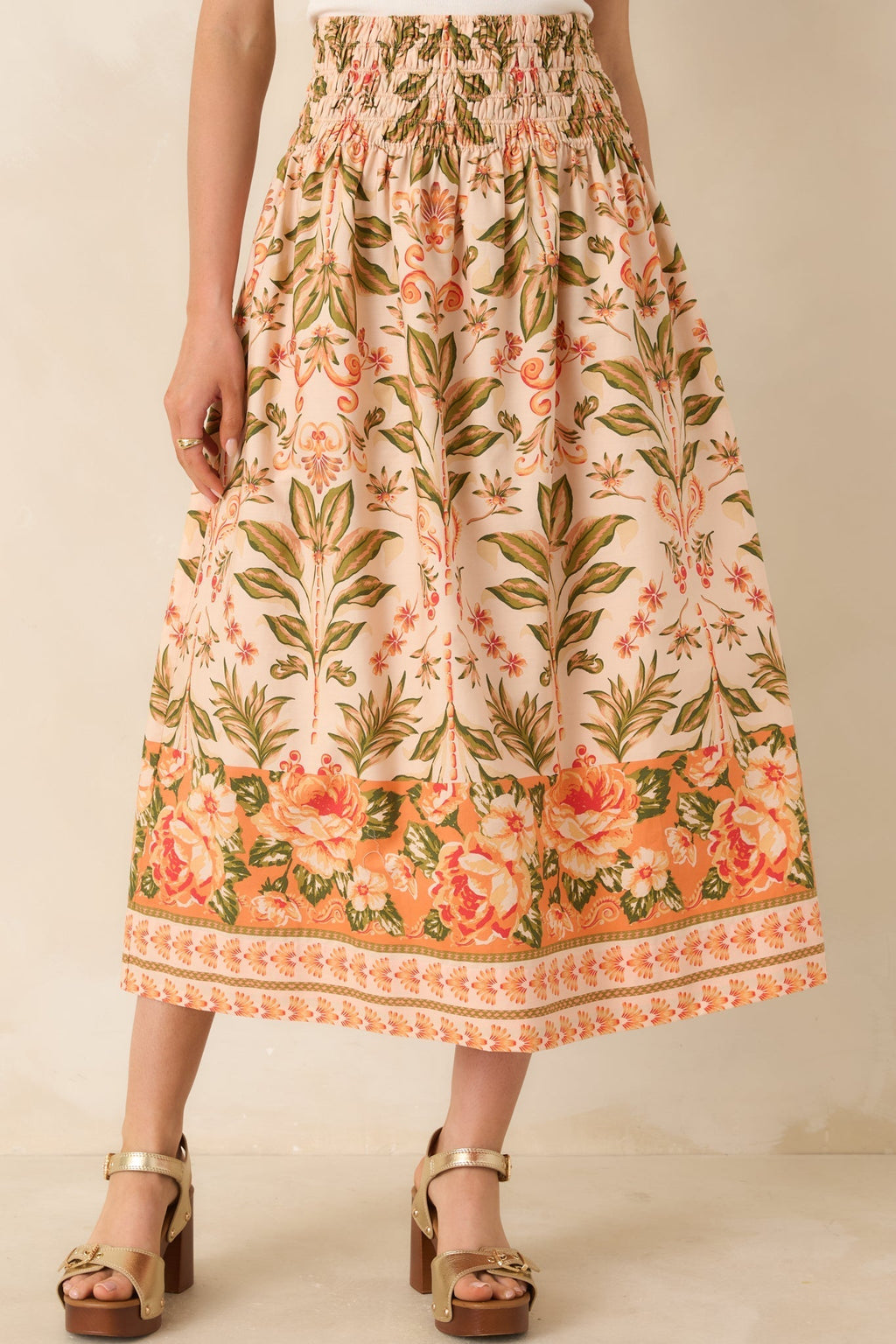 Women's Bloom With Me Peach & Meadow Green Floral Cotton Midi Skirt | 100% Cotton 5