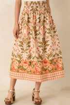 Women's Bloom With Me Peach & Meadow Green Floral Cotton Midi Skirt | 100% Cotton 5