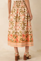 Women's Bloom With Me Peach & Meadow Green Floral Cotton Midi Skirt | 100% Cotton 6