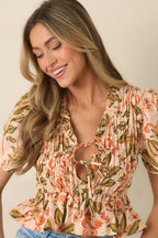 Women's Bloom With Me Peach & Meadow Green Floral Smocked Cotton Top | 100% Cotton 1