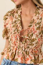 Women's Bloom With Me Peach & Meadow Green Floral Smocked Cotton Top | 100% Cotton 2