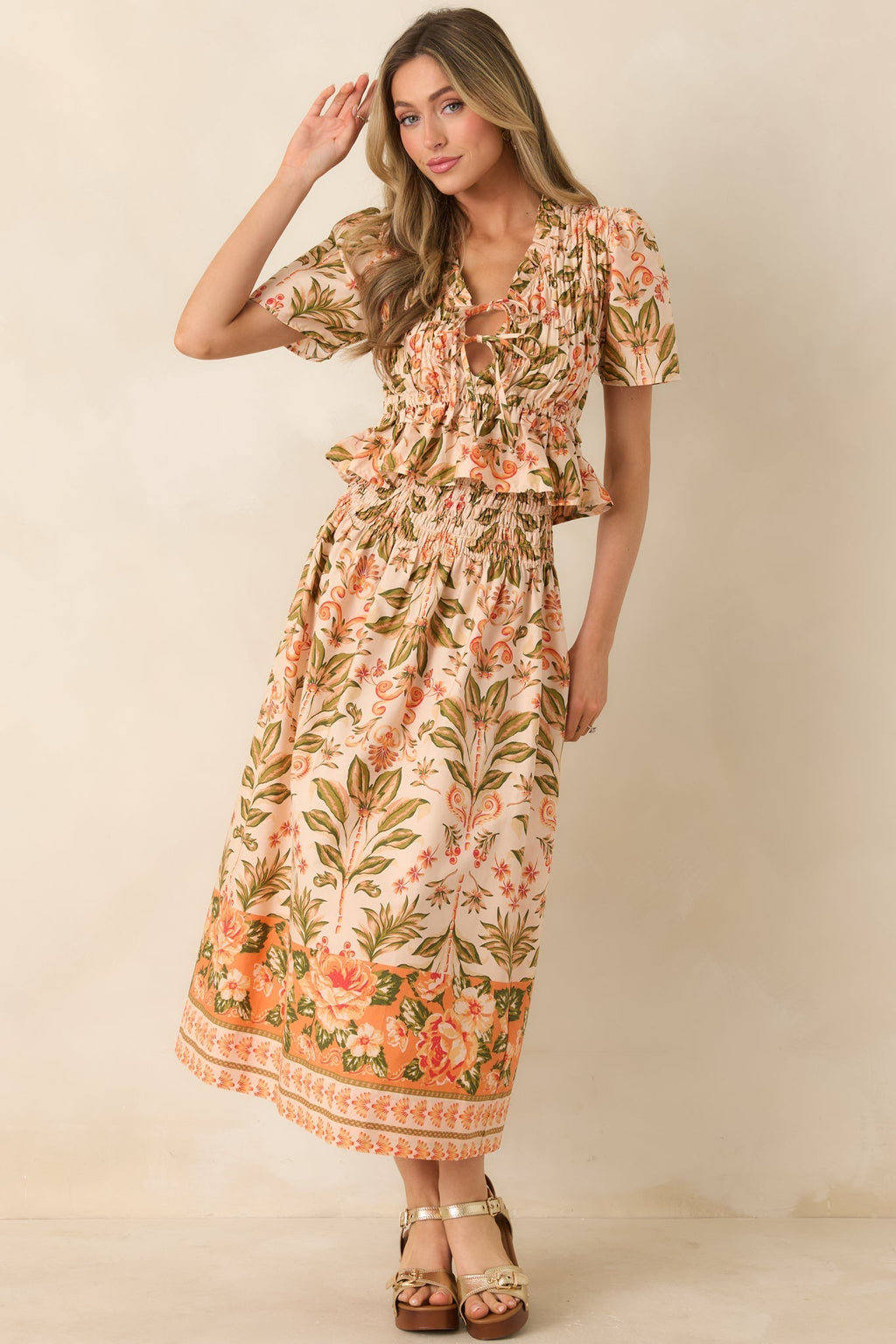 Women's Bloom With Me Peach & Meadow Green Floral Smocked Cotton Top | 100% Cotton 4