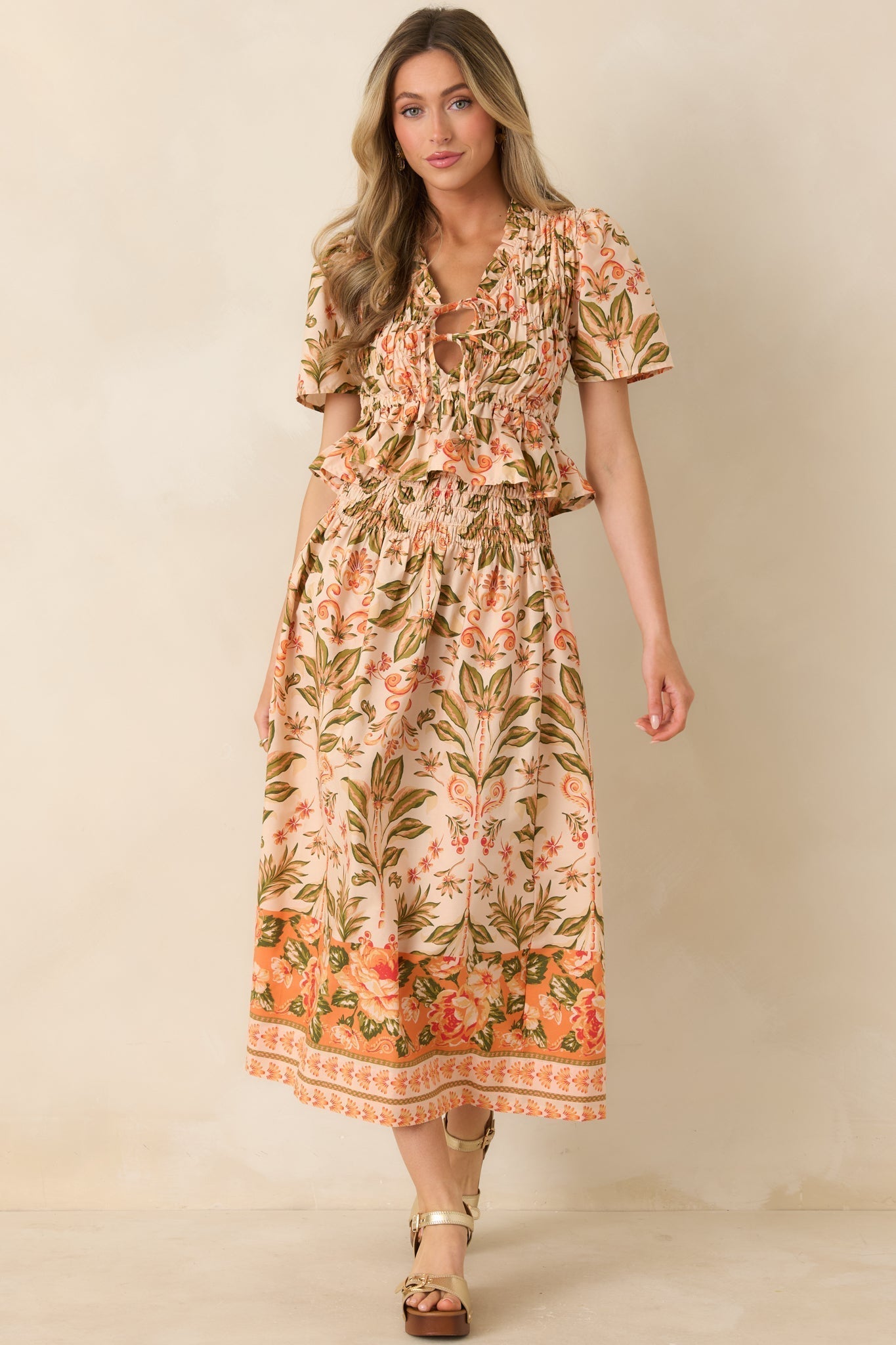 Women's Bloom With Me Peach & Meadow Green Floral Smocked Cotton Top | 100% Cotton 5