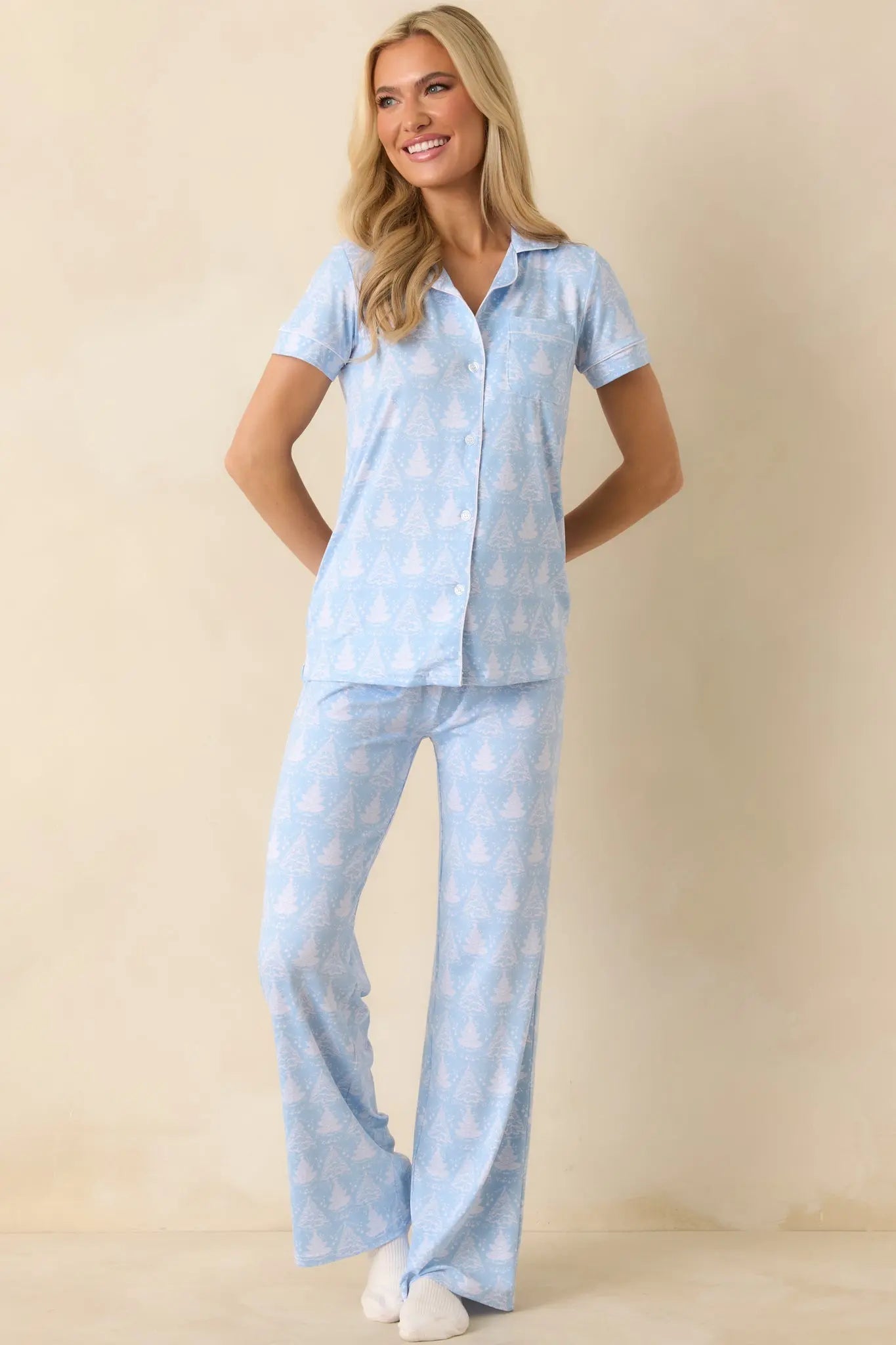 Women's Blue Christmas Ice Blue Christmas Tree Pajama Pants | 95% Polyester & 5% Spandex 4