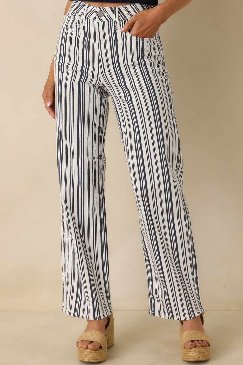 Women's Boardwalk Bound Navy Stripe Cotton Wide Leg Pants | 94.2% Cotton 0