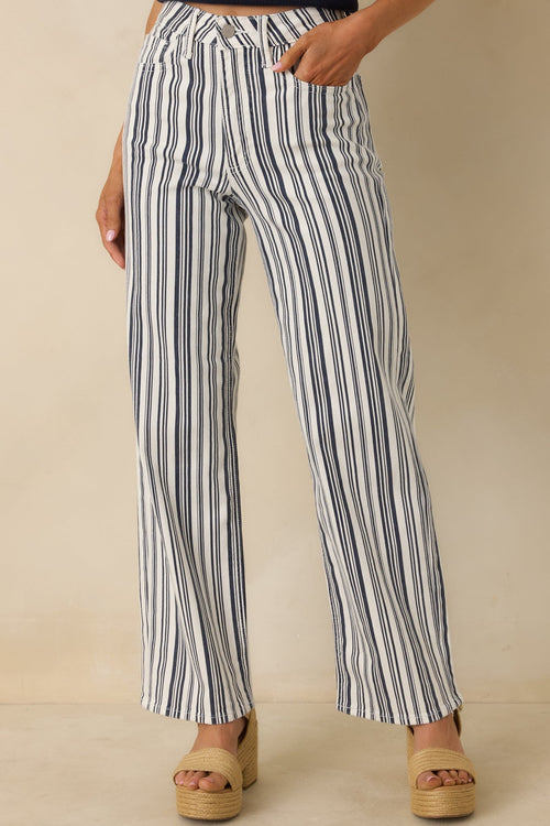 Women's Boardwalk Bound Navy Stripe Cotton Wide Leg Pants | 94.2% Cotton 0