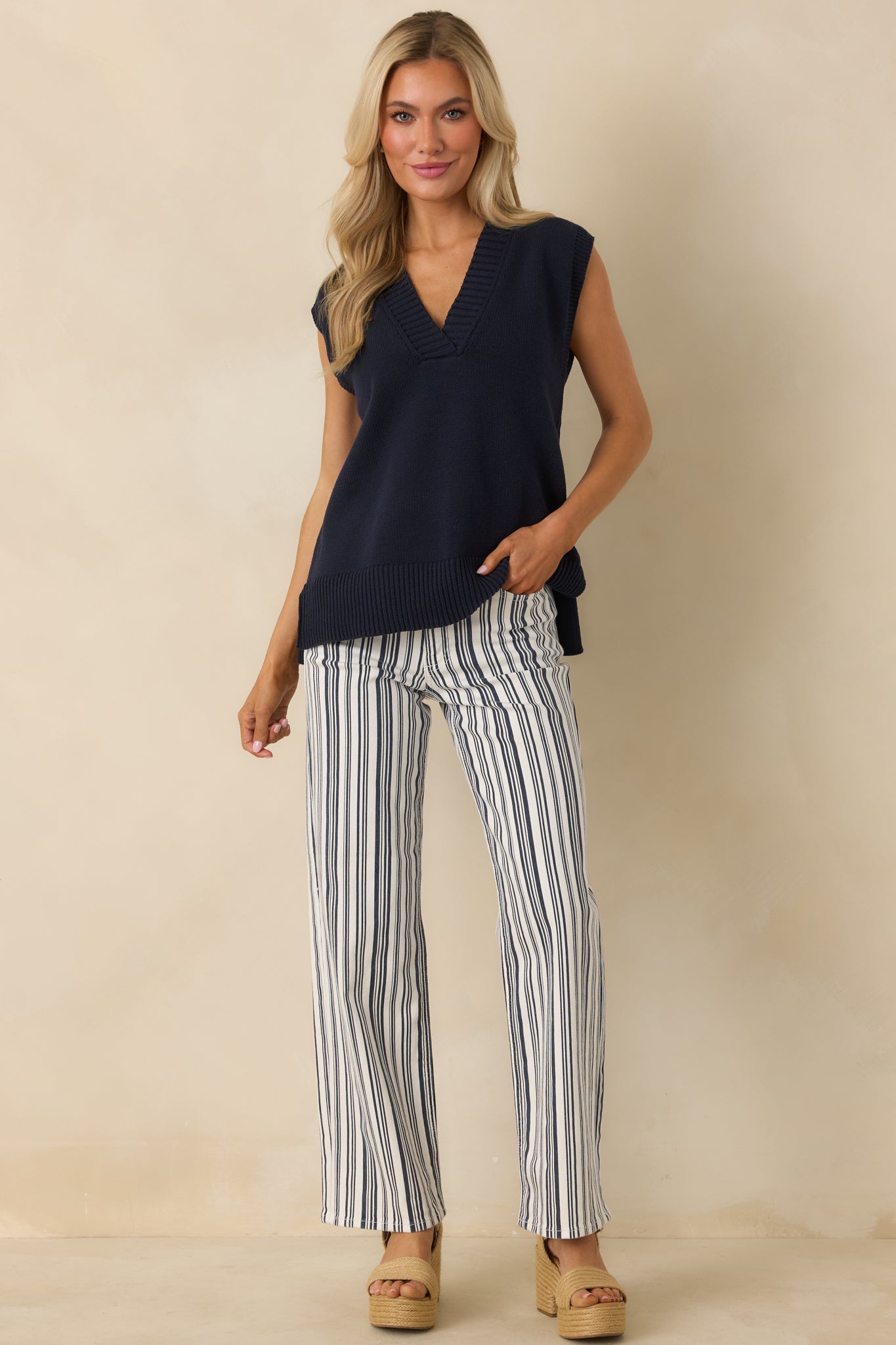 Women's Boardwalk Bound Navy Stripe Cotton Wide Leg Pants | 94.2% Cotton 1
