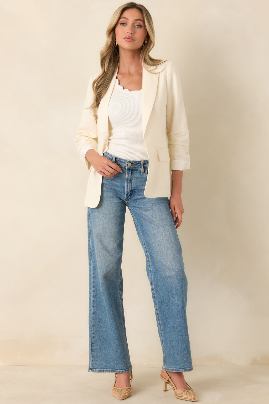 Women's Boardwalk Executive Ivory Linen Blend 3/4 Sleeve Blazer | 47% Rayon 5