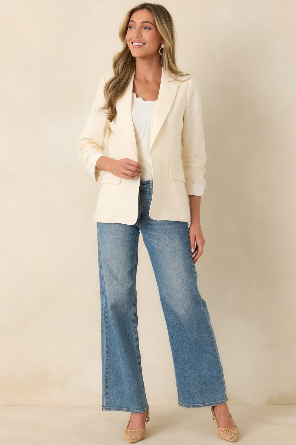 Women's Boardwalk Executive Ivory Linen Blend 3/4 Sleeve Blazer | 47% Rayon 6