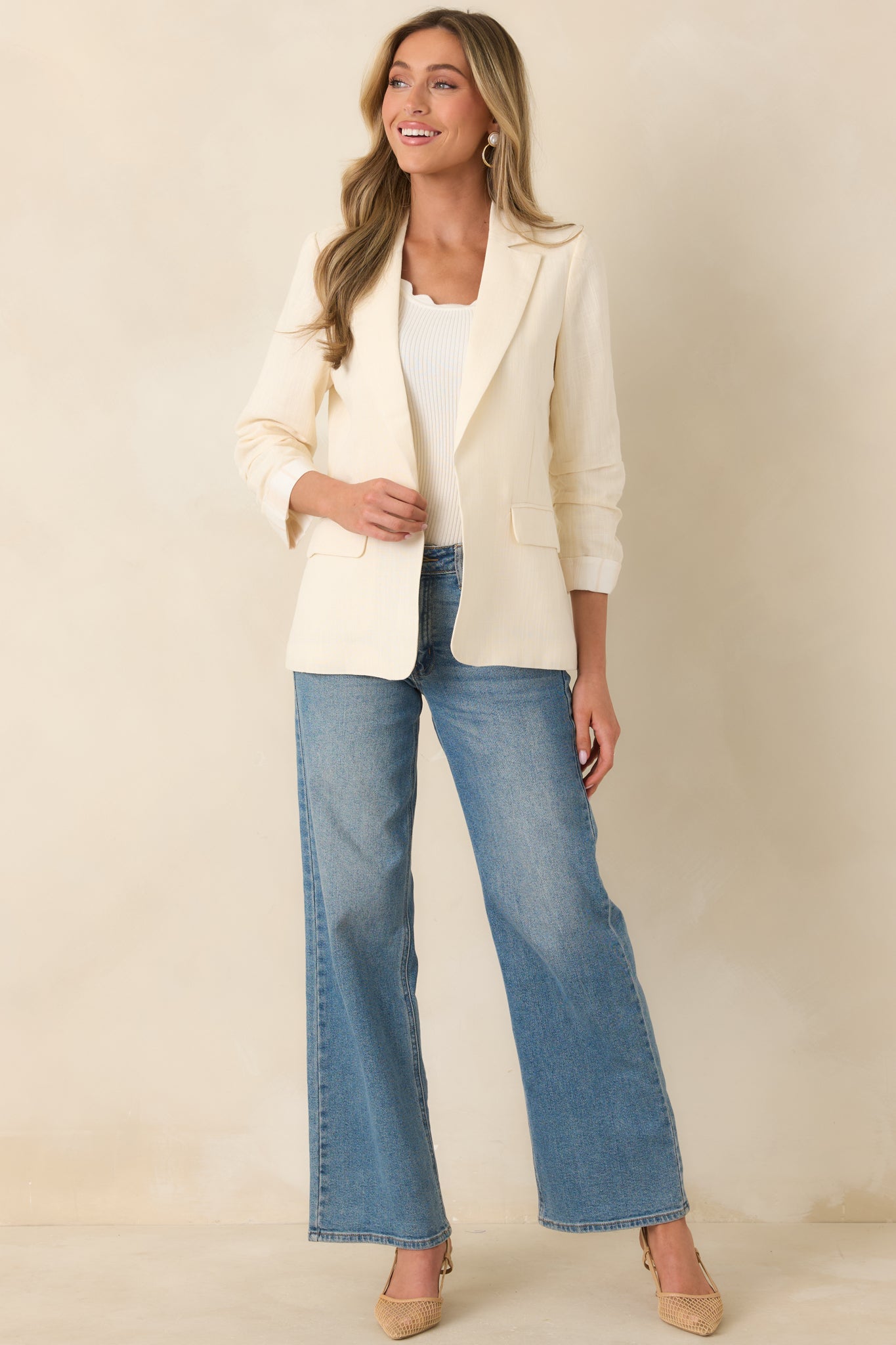 Women's Boardwalk Executive Ivory Linen Blend 3/4 Sleeve Blazer | 47% Rayon 6