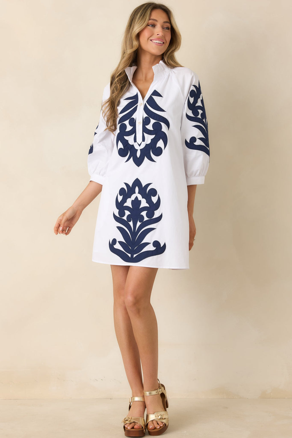 Women's Bold Impressions White & Navy Contrast Detail Tunic Mini Dress | 100% Cotton Contrast: 80% Polyester & 20% Cotto 0