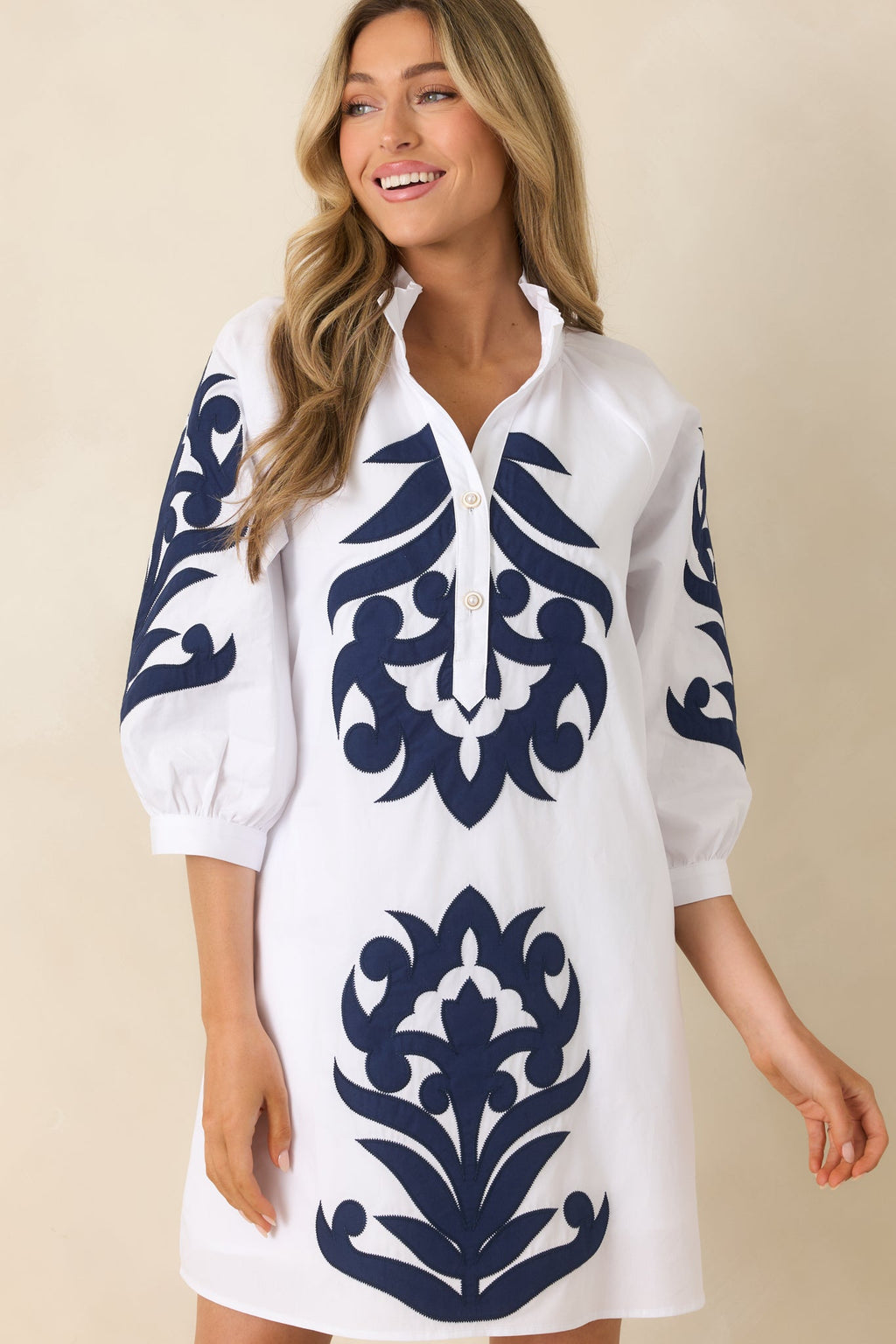 Women's Bold Impressions White & Navy Contrast Detail Tunic Mini Dress | 100% Cotton Contrast: 80% Polyester & 20% Cotto 6