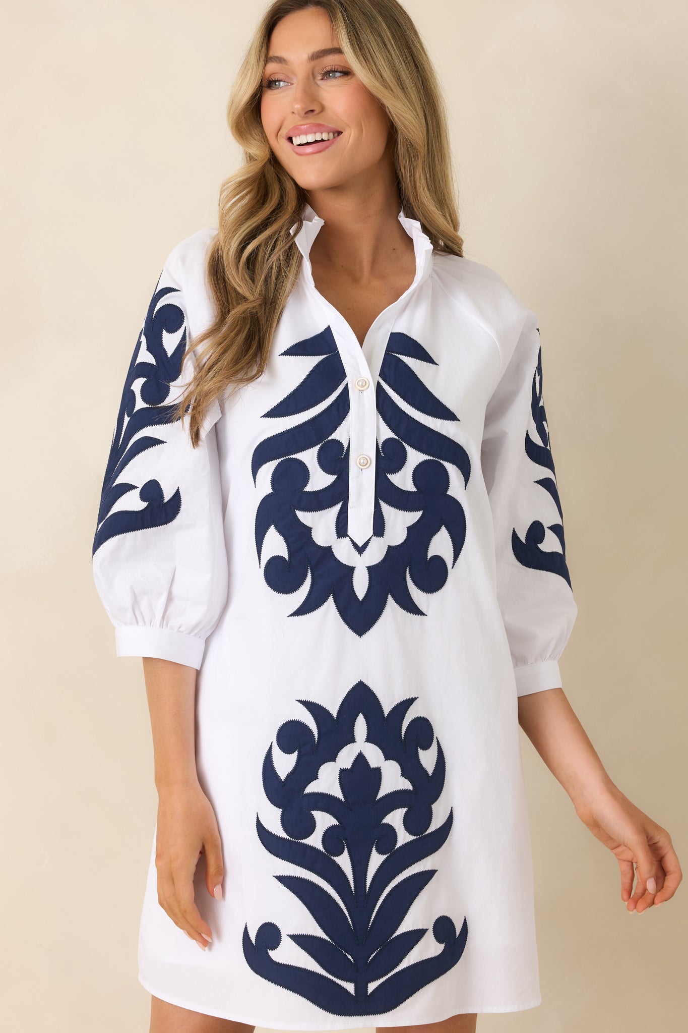 Women's Bold Impressions White & Navy Contrast Detail Tunic Mini Dress | 100% Cotton Contrast: 80% Polyester & 20% Cotto 6